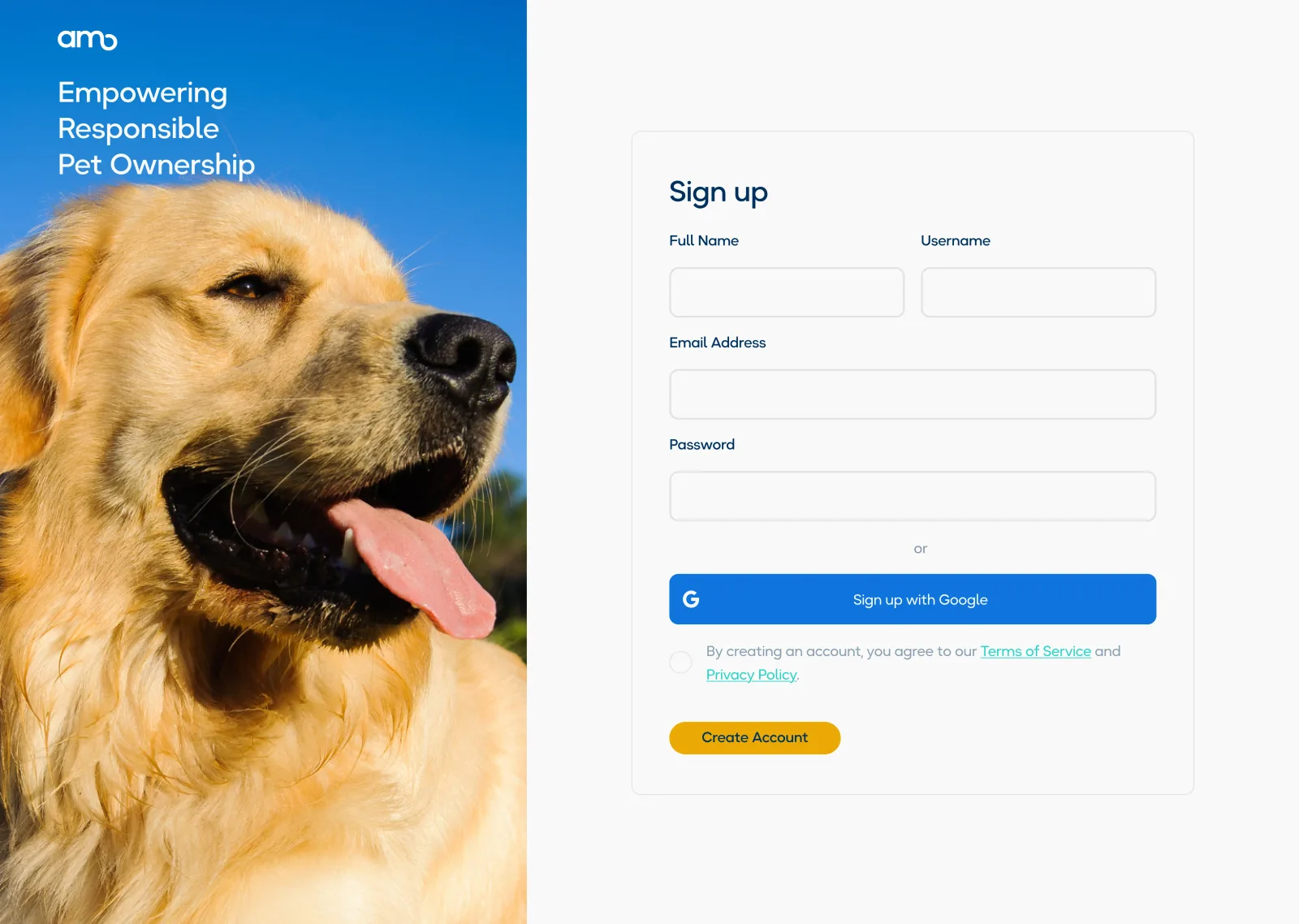 AMO Website sign up page
