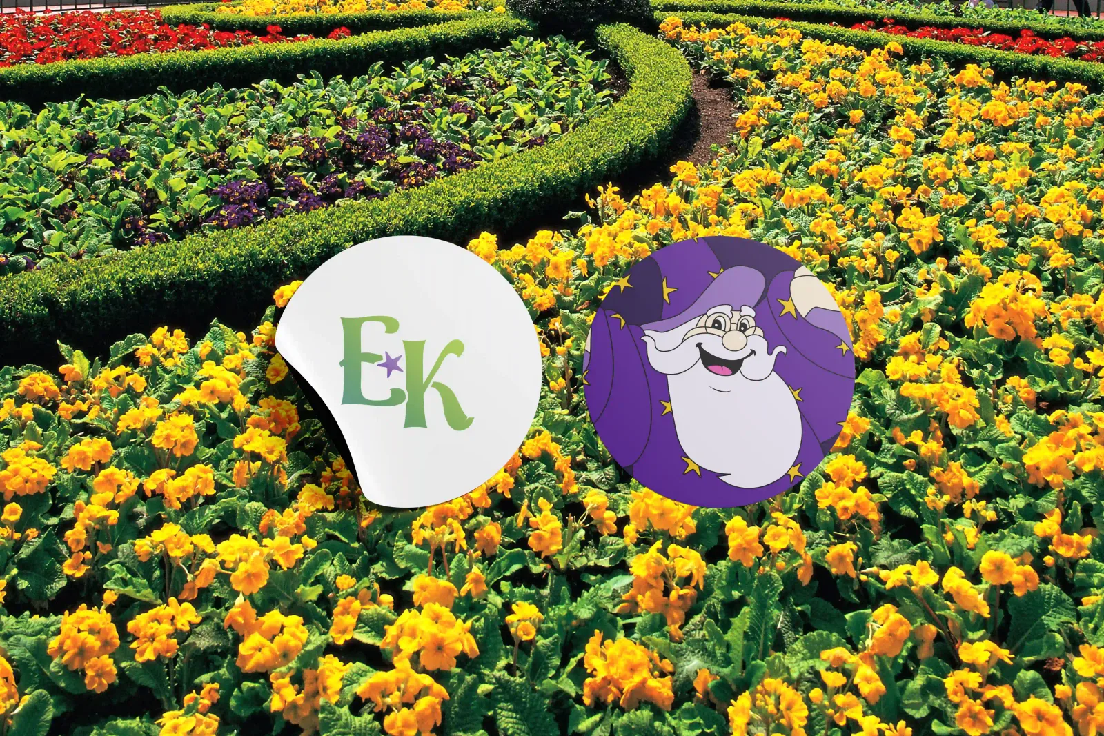 Sticker mockup featuring eldar the wizard and echanted kingdom submark