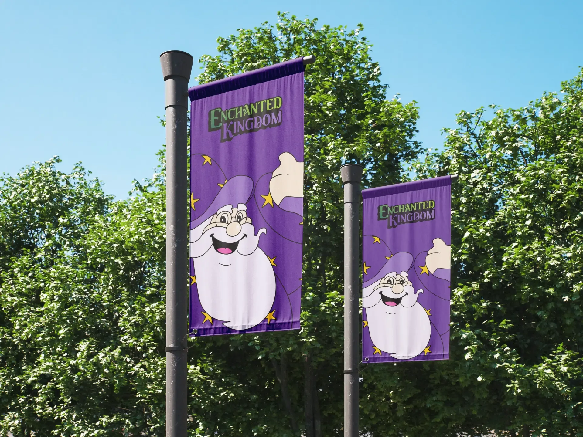 Enhanted kingdom flags featuring Eldar the Wizard mockup