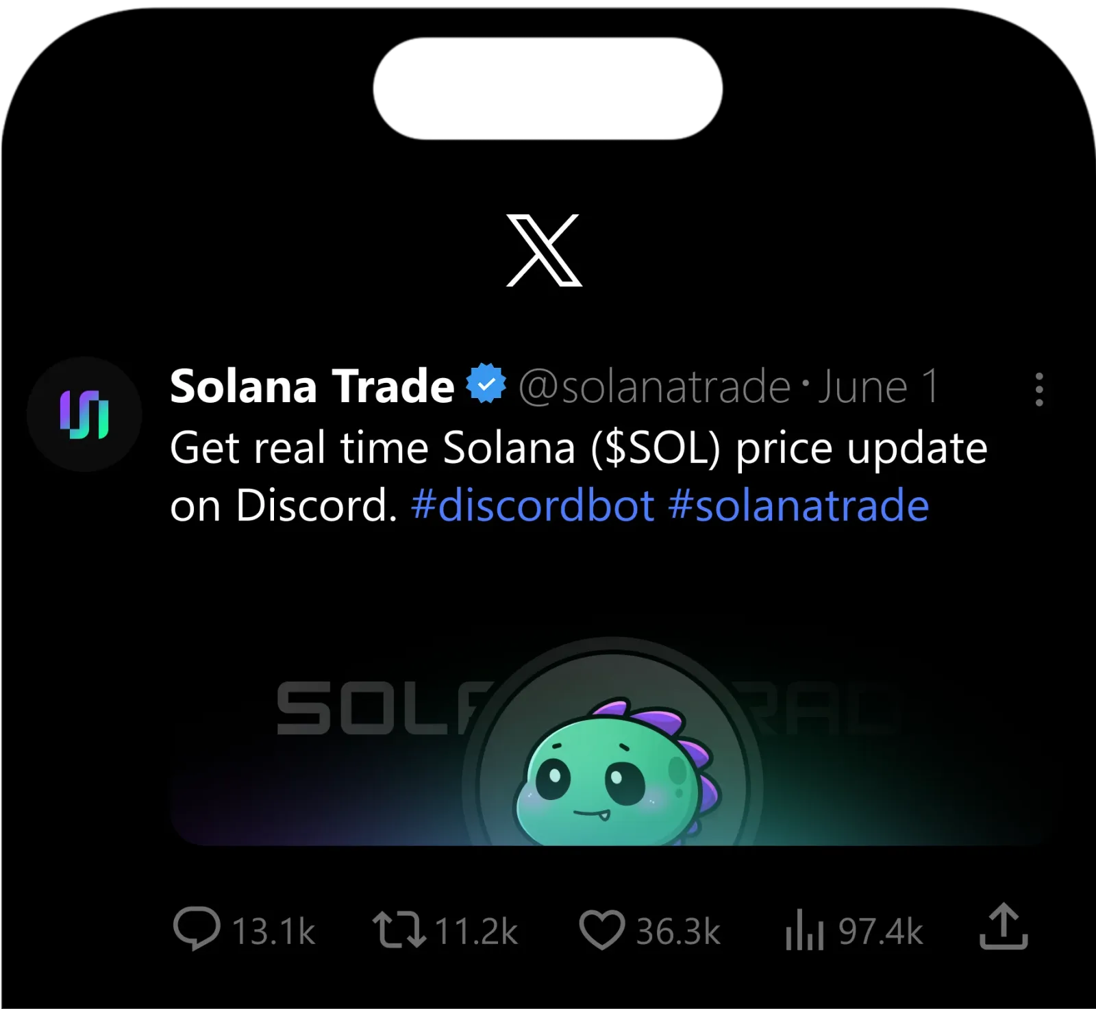 Solana trade X twitter mockup post featuring Trex mascot